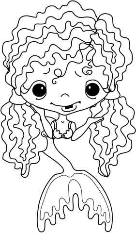 Girl Mermaid With Curly Long Hair Coloring Page